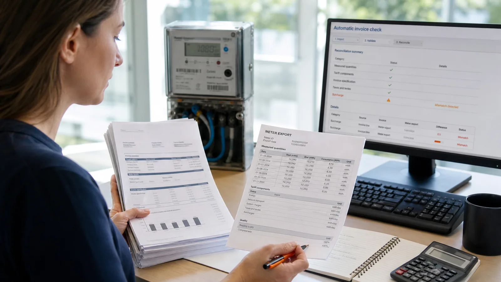 Medewerker controleert een energiefactuur automatisch tegen meterdata