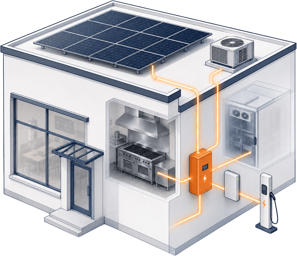 Isometrisch energiemodel horecalocatie met zonnepanelen, keuken, koeling en laadpaal