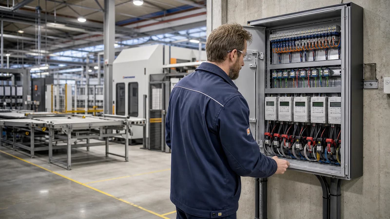 Technicus controleert submeters bij een industriële productielijn